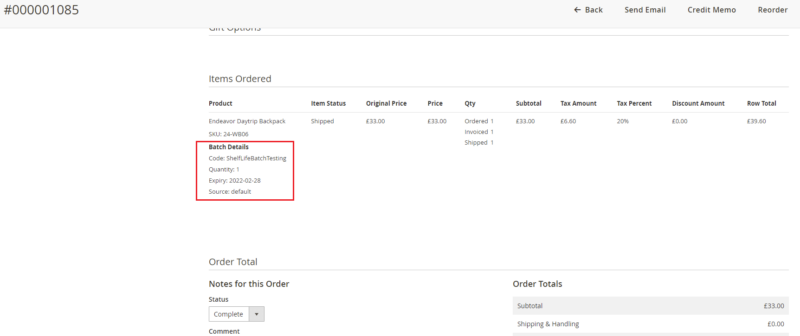 batch details with the order