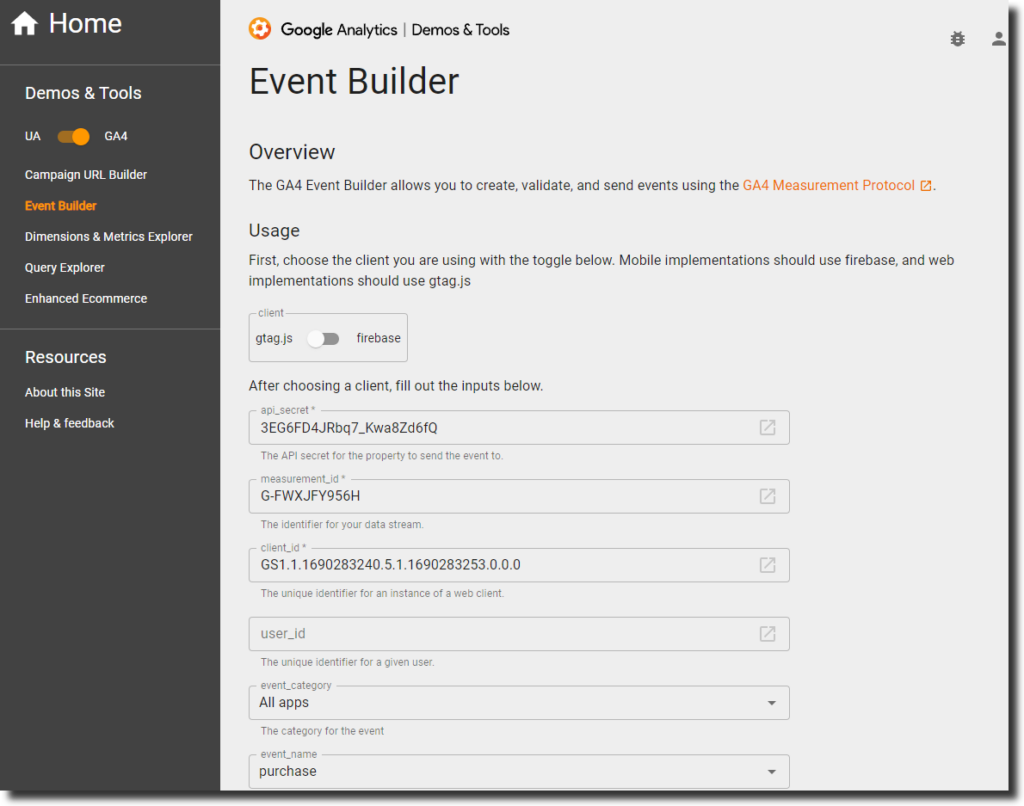 Hit Builder tool for GA4
