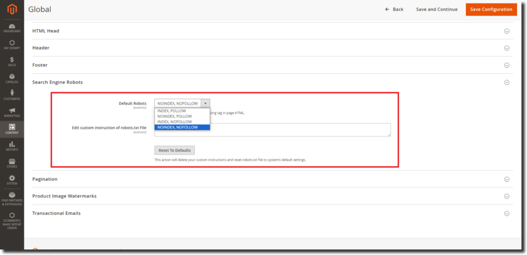 Enable Robots settings in Magento 2 Configuration