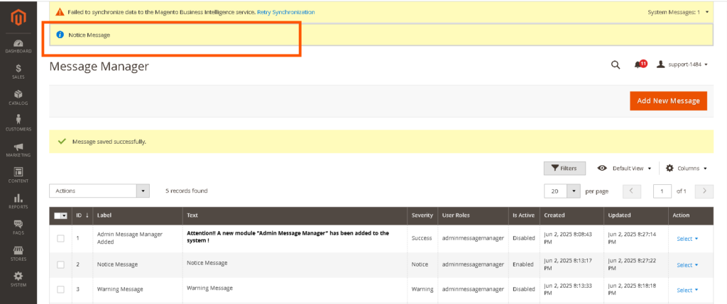 Magento 2 Admin Message Manager: Notice Message